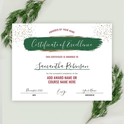 Holiday Certificate of Excellence Award Green Gold