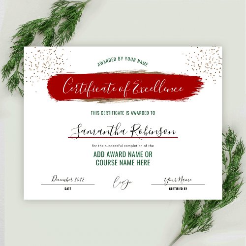 Holiday Certificate of Excellence Award Red Gold