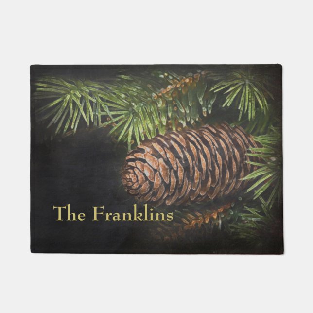 Holiday Chalk Drawn Pinecone and Pine Needles Doormat (Front)