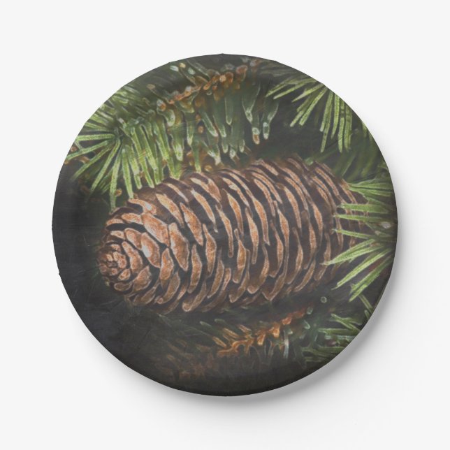 Holiday Chalk Drawn Pinecone and Pine Needles Paper Plates (Front)