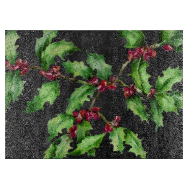 Holiday Chalk Green Holly and Red Berries Branch Cutting Board (Front)
