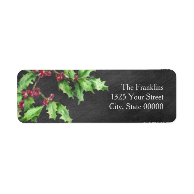 Holiday Chalk Green Holly and Red Berries Branch Label (Front)