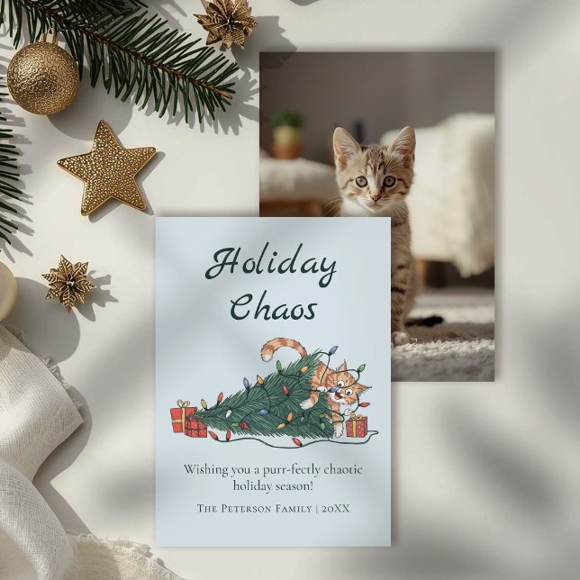 Holiday Chaos Funny Cat Christmas Card (Holiday Chaos Funny Cat Christmas Card on a table with gold and white Christmas decor.)
