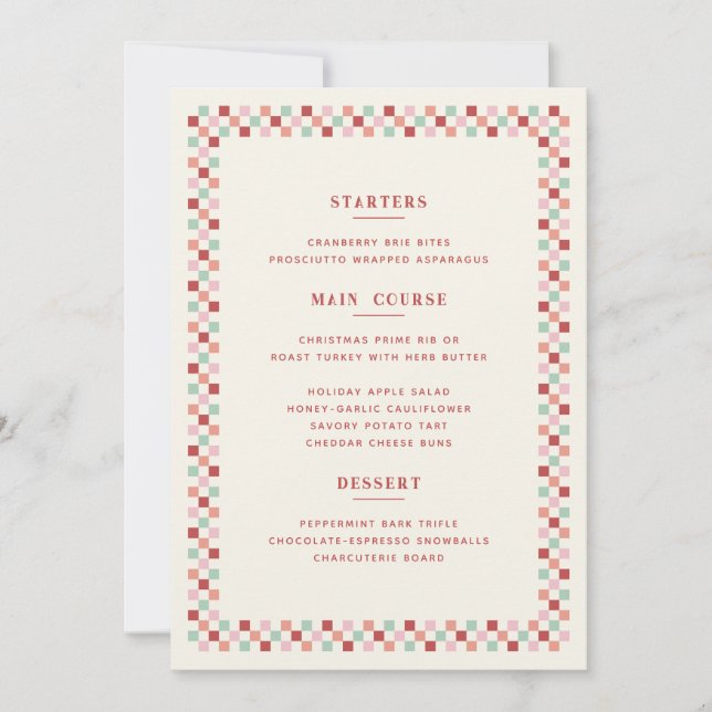 Holiday Checkerboard Christmas Menu Card - Berry (Front)