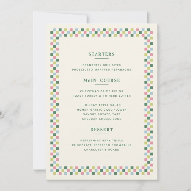 Holiday Checkerboard Christmas Menu Card - Green (Front)
