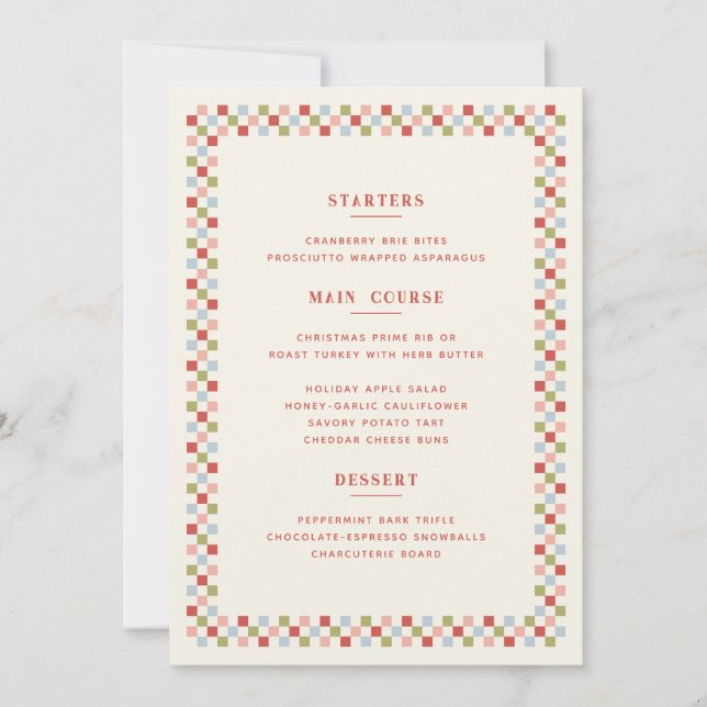 Holiday Checkerboard Christmas Menu Card - Red (Front)