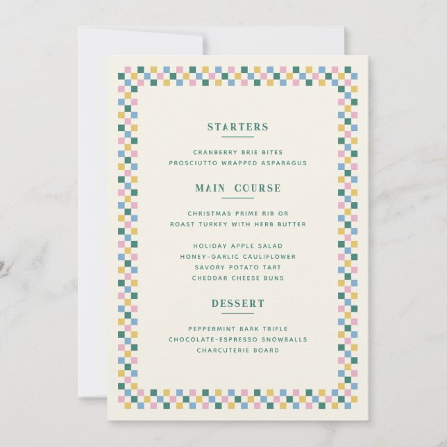 Holiday Checkerboard Christmas Menu Card - Teal (Front)
