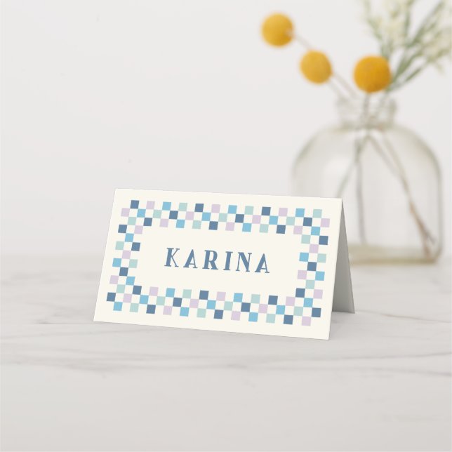 Holiday Checkerboard Christmas Place Card - Blue (Front)