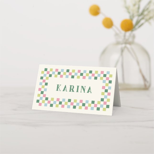 Holiday Checkerboard Christmas Place Card - Green (Front)
