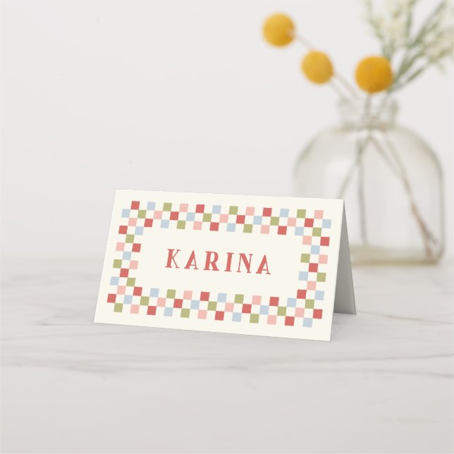Holiday Checkerboard Christmas Place Card - Red (Front)