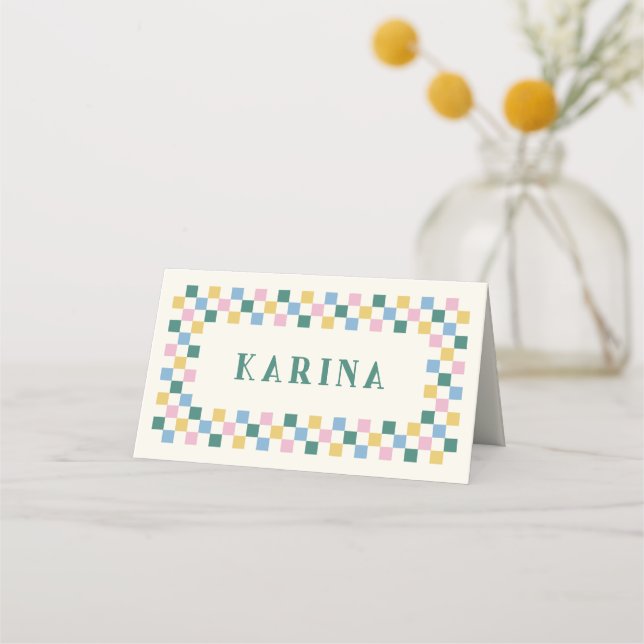 Holiday Checkerboard Christmas Place Card - Teal (Front)