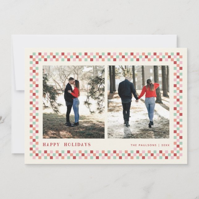 Holiday Checkerboard Holiday Photo Card - Berry (Front)