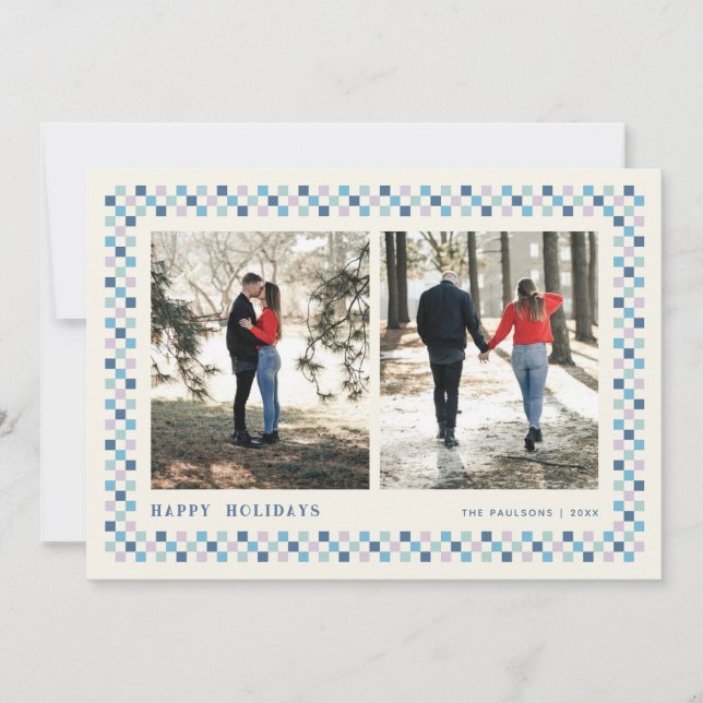 Holiday Checkerboard Holiday Photo Card - Blue (Front)