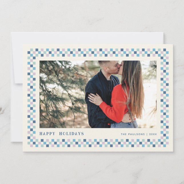 Holiday Checkerboard Holiday Photo Card - Blue (Front)