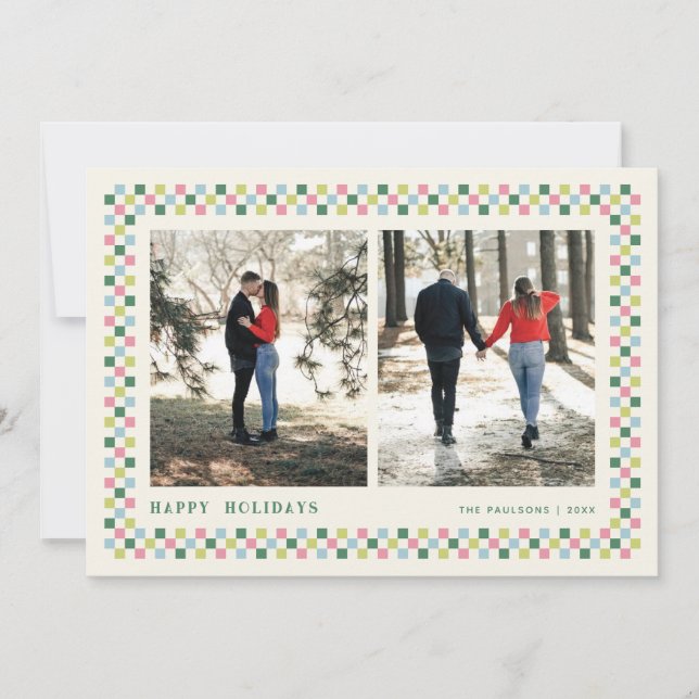 Holiday Checkerboard Holiday Photo Card - Green (Front)