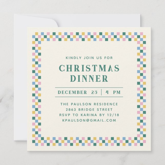 Holiday Checkerboard Party Invitation - Teal (Front)