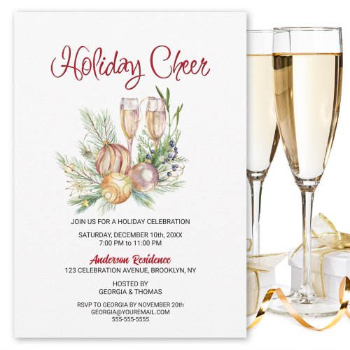 Holiday Cheer Baubles and Champagne Holiday Party Invitation