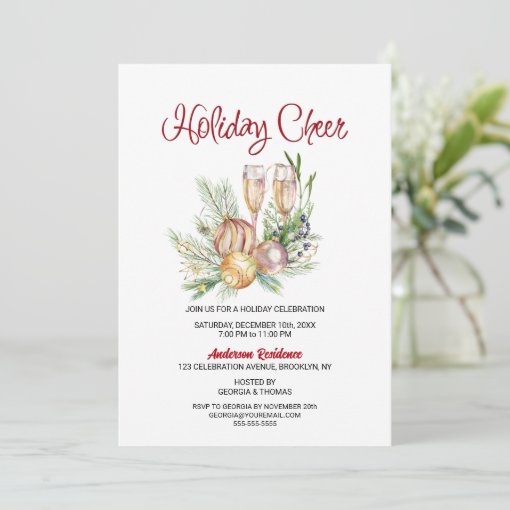 Holiday Cheer Baubles And Champagne Holiday Party Invitation 