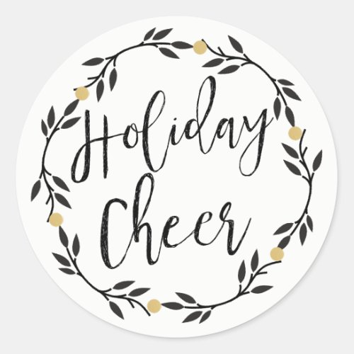 Holiday Cheer Black Wreath with Gold Berries Boho Classic Round Sticker