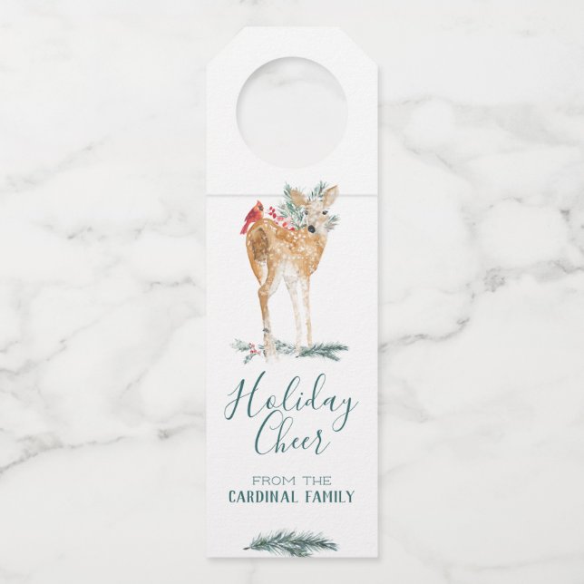 Holiday Cheer Doe & Cardinal Bottle Hanger Tag (Front)