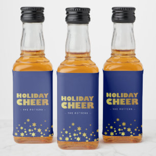 Holiday Cheer   Fun Christmas Blue & Gold Liquor Bottle Label