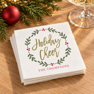 Holiday Cheer Gold Script Wreath Family Name Napkins