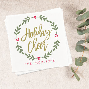 Holiday Cheer Gold Script Wreath Family Name Napkins