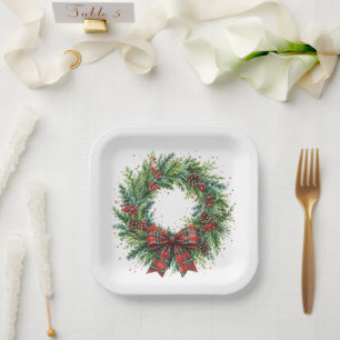 Holiday Cheer Holly & Plaid Wreath Christmas Paper Plates