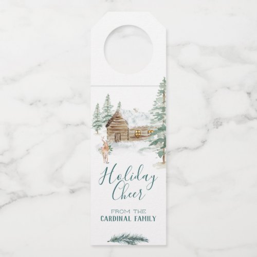 Holiday Cheer Log Cabin  Stag Winter Scene Bottle Hanger Tag