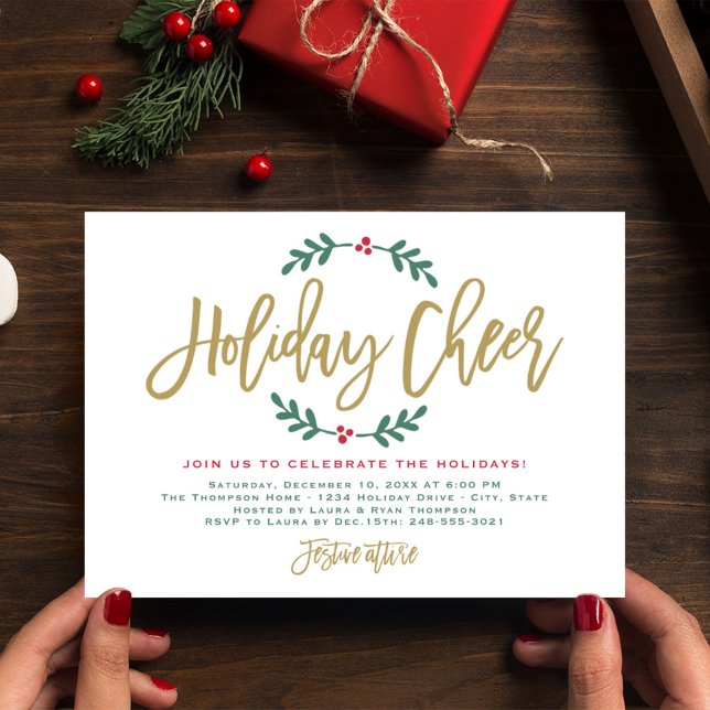 Holiday Cheer Modern Gold Script Christmas Party Invitation (Creator Uploaded)
