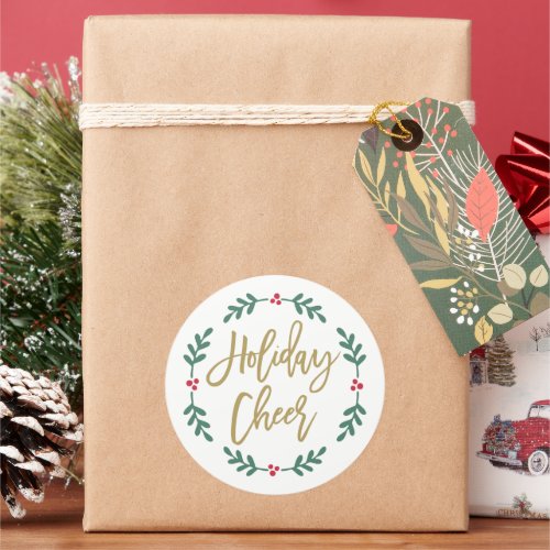 Holiday Cheer Modern Gold Script Christmas Wreath Classic Round Sticker