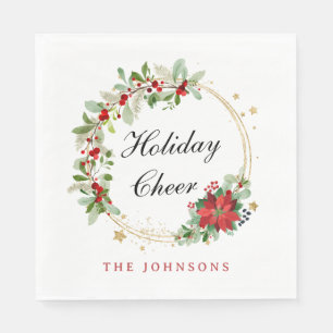 Holiday Cheer Poinsettia Wreath Gold Personalized Napkins