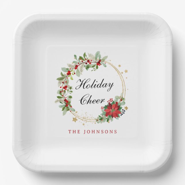 Holiday Cheer Poinsettia Wreath Gold Personalized Paper Plates (Front)