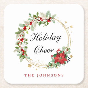 Holiday Cheer Poinsettia Wreath Gold Personalized Square Paper Coaster