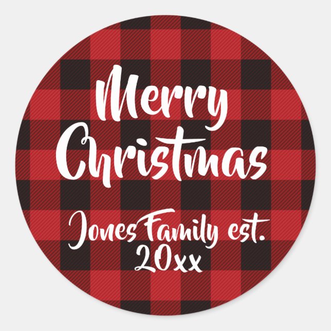 Holiday cheer, red buffalo plaid pattern, classic round sticker (Front)