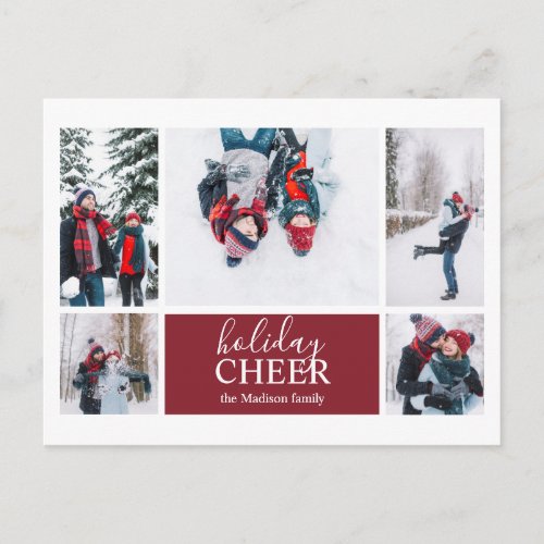 Holiday Cheer Red Burgundy Five Photo Postcard