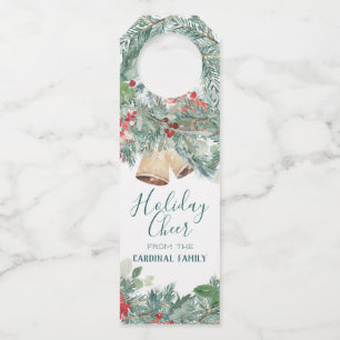 Holiday Cheer Red Holly & Rustic Bells Bottle Hanger Tag