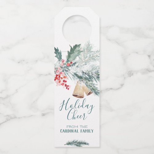 Holiday Cheer Red Holly  Rustic Bells Bottle Hanger Tag