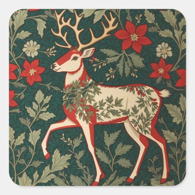 Holiday Cheer Reindeer William Morris Inspired Square Sticker (Front)