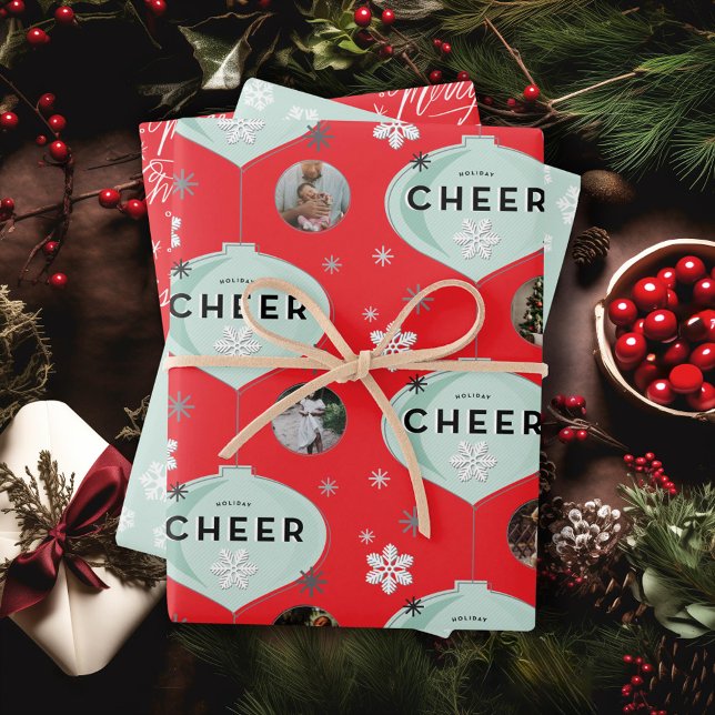 Holiday Cheer Retro Ornament Family Name Christmas Wrapping Paper Sheets (Creator Uploaded)