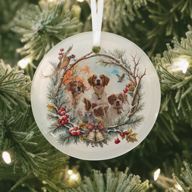  Holiday Cheer With a Brittany Spaniel Glass Ornament (Insitu)