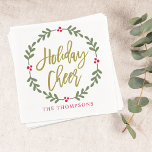 Holiday Cheer Wreath Gold Script Napkins<br><div class="desc">Festive round holiday napkins feature modern antique gold "Holiday Cheer" script text framed by a wreath of green leaves and red berry foliage with custom red monogram text below.</div>