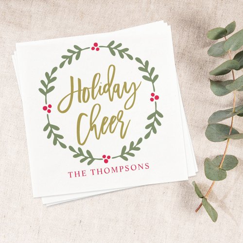 Holiday Cheer Wreath Gold Script Napkins