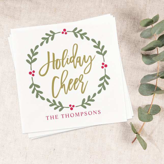 Holiday Cheer Wreath Gold Script Napkins (Creator Uploaded)