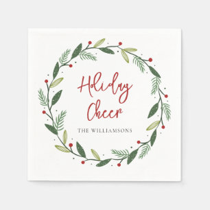 Holiday Cheer Wreath Handwritten Script Paper Napkins