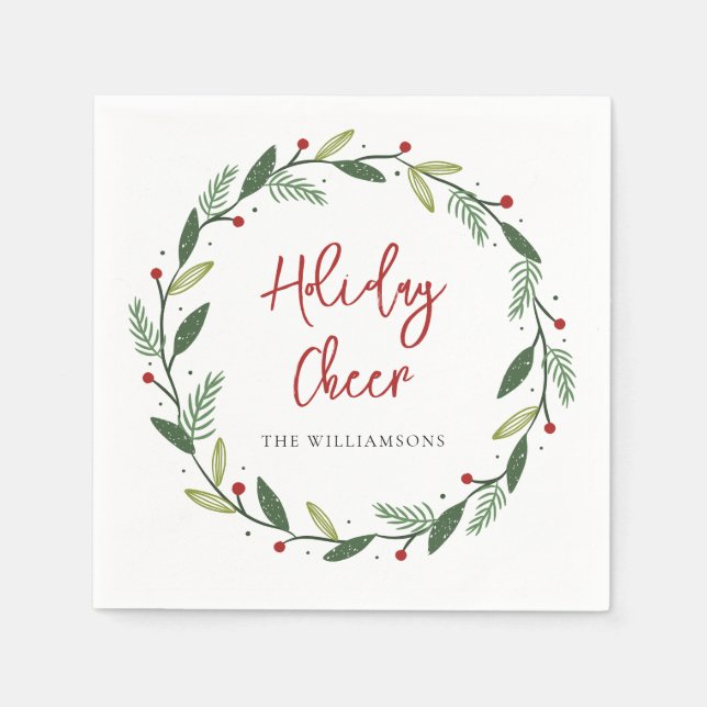 Holiday Cheer Wreath Handwritten Script Paper Napkins (Front)
