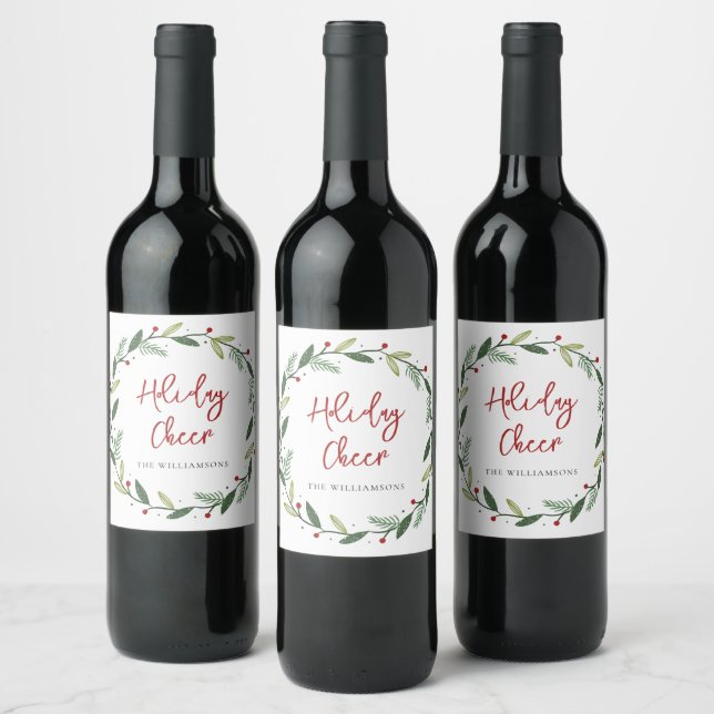 Holiday Cheer Wreath Handwritten Script Wine Label (Bottles)
