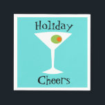 Holiday Cheers Martini Paper Napkins<br><div class="desc">These Holiday Cheers Martini Paper Napkins feature a turquoise background and the white silhouette image of a martini glass. Inside the glass is a glorious green olive with an orange pimento. The stickers say, "Holiday Cheers" in black writing. You can customize them, but why would you want to? Pair these...</div>