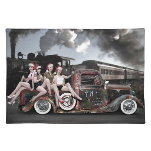 Holiday Cheers Rat Rod Santa Pin Up Girls Cloth Placemat