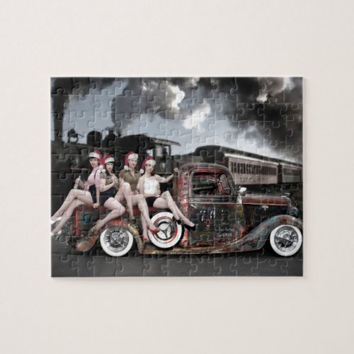 Holiday Cheers Rat Rod Santa Pin Up Girls Jigsaw Puzzle